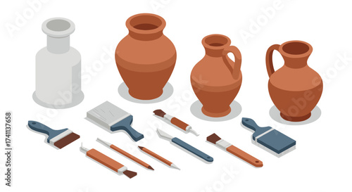 Ceramic vases and art tools in isometric style on white background