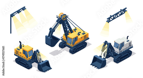 Isometric construction site vehicles with lights and excavators