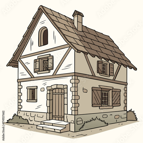 Rustic Medieval Timber Frame House Illustration Keywords: house, building, architecture