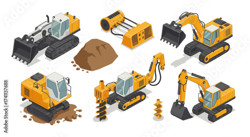 Isometric construction machinery set featuring excavators and attachments