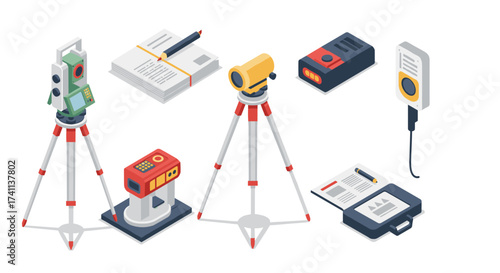 Surveying equipment isometric set featuring theodolite, tripod, and measuring tools