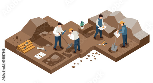Archaeological dig site with workers in isometric design