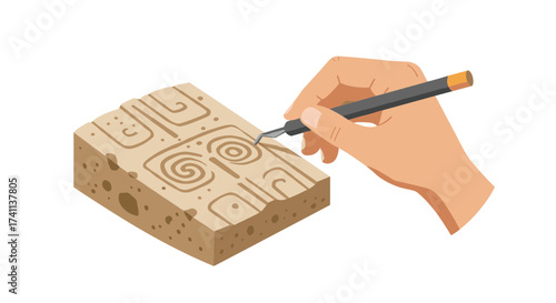 Ancient craftsmanship: hand carving intricate patterns in stone, archaeology craft
