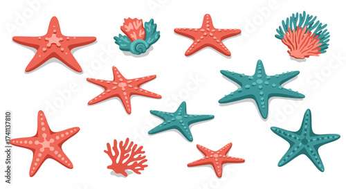 Colorful sea life collection with vibrant starfish and coral designs