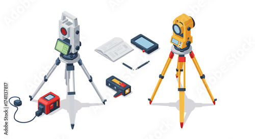 Surveying equipment isometric concept: total station, theodolite, and level instruments