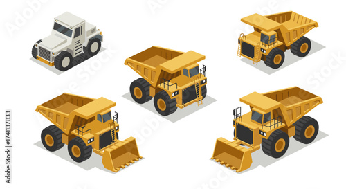 Isometric construction vehicles set: dump trucks and loaders in modern design