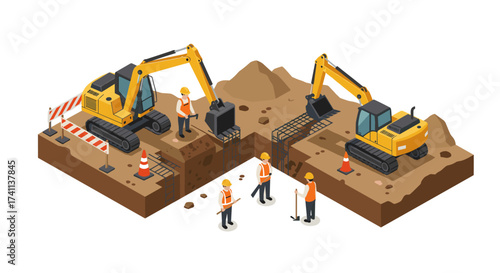 Construction site with excavators and workers in isometric style