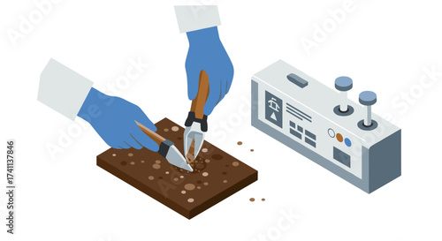 Isometric garden tool experiment with soil and laboratory equipment