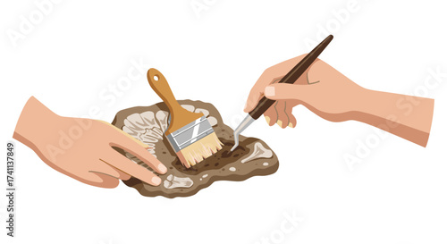 Hands cleaning fossil with brush and chisel in detailed flat design