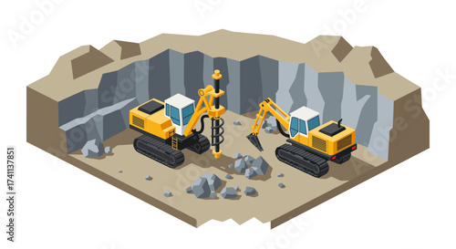 Construction site with excavators and drilling machine in isometric style