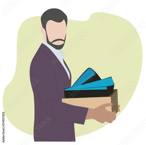 character holding a box with his things with inscription Fired. man fired from job