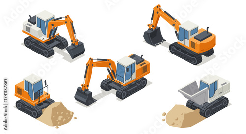Isometric excavators on construction site with heavy machinery and excavation piles
