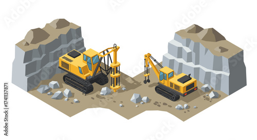 Isometric construction vehicles in quarry scene with excavators and rocks