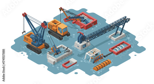 Isometric construction equipment in maritime setting with water-based machinery