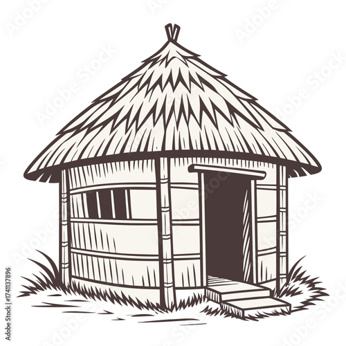 Sepia Tone Drawing of a Thatched Hut with Bamboo Construction