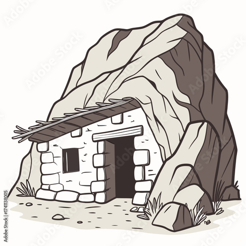 Simple cave dwelling with thatched roof and stone walls