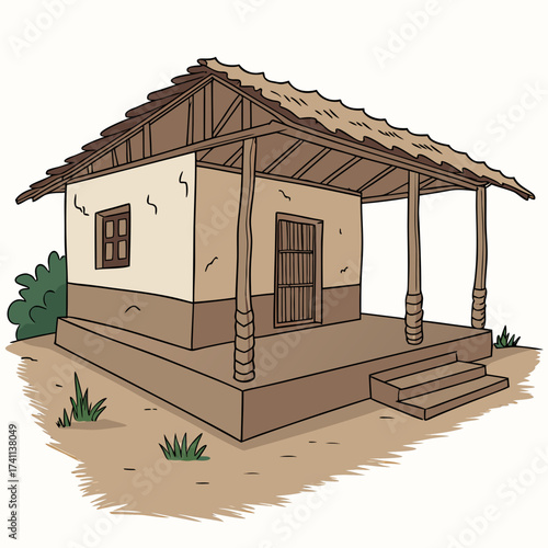 Simple Rural House With Thatched Roof And Porch home