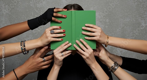 Diverse hands holding a green book hiding a persons face for concept