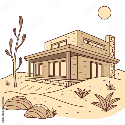 Single Story Desert Home with Stone Foundation and Cactus