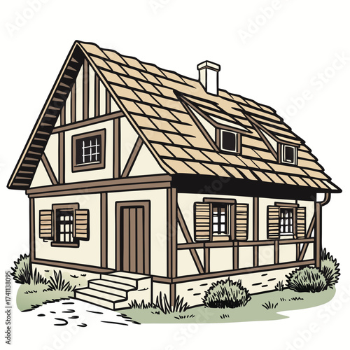 Single- Story Half- Timbered Cottage with Dormer Windows