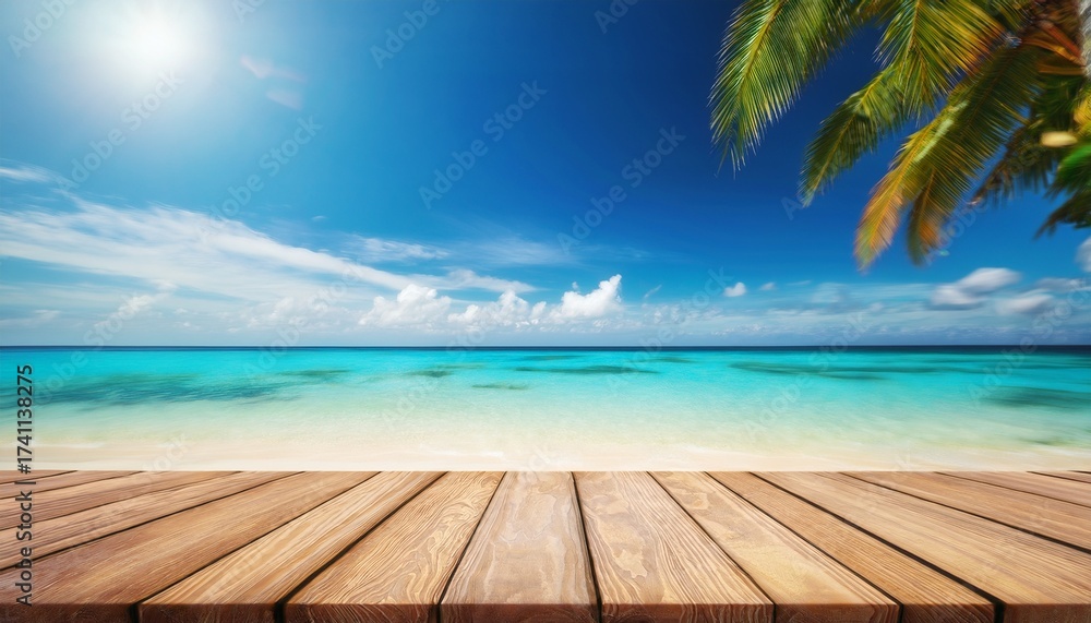Fototapeta premium wooden table overlooking a tropical beach with palm trees and turquoise ocean under a sunny sky perfect for vacation concepts