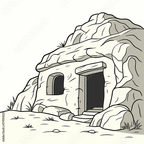 Small cave entrance with stone steps and surrounding rocks