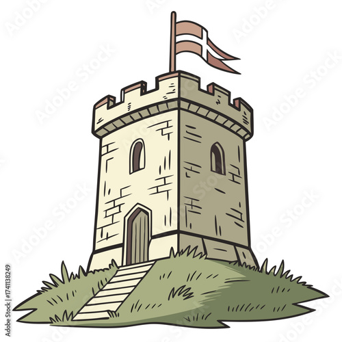 Small medieval stone tower on a grassy hill with flag