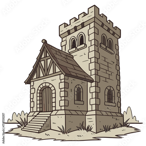 Small Stone Castle Building with Crenellated Tower