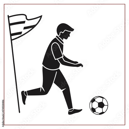 Soccer player kicking ball near corner flag silhouette