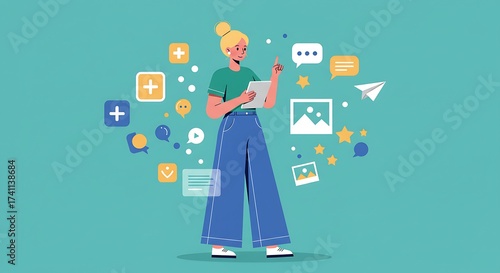 Woman managing social media content creation and online engagement platform