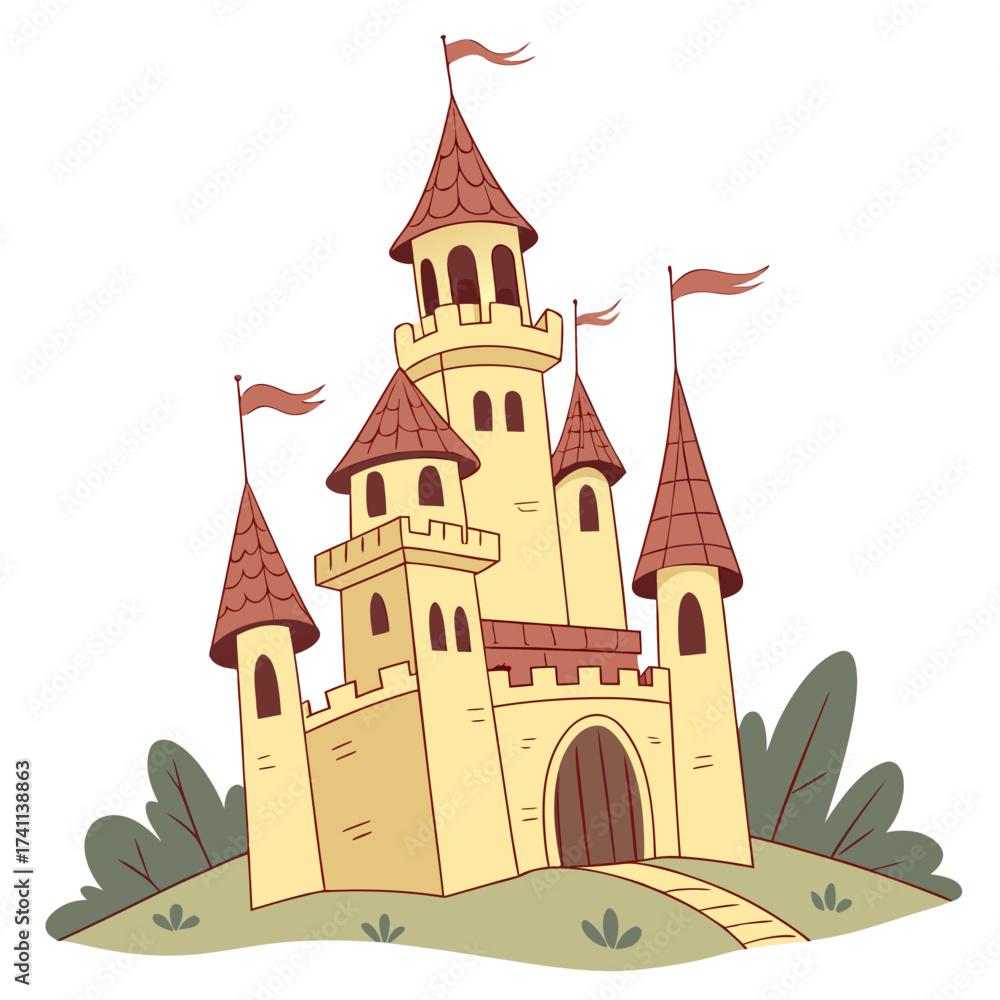 Obraz premium Stylized Castle with Tall Towers and Red Roofs cartoon