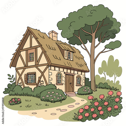 Storybook Cottage with Thatched Roof and Garden house