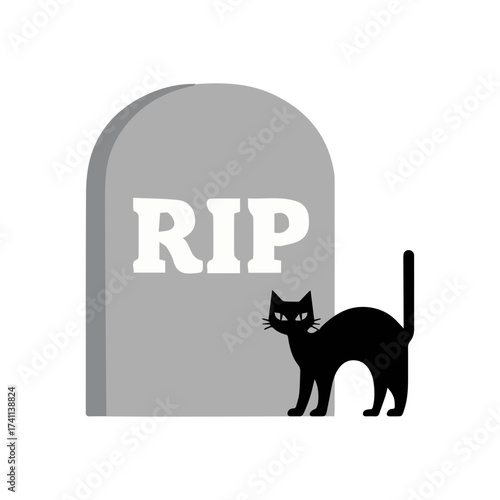 Gravestone with Cat Halloween Illustration