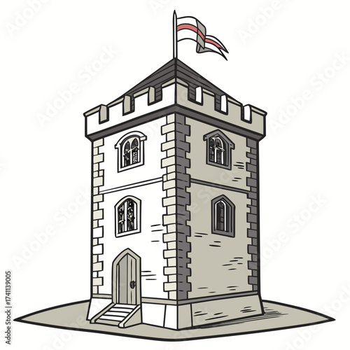 Tall stone castle tower with ornate windows and flag