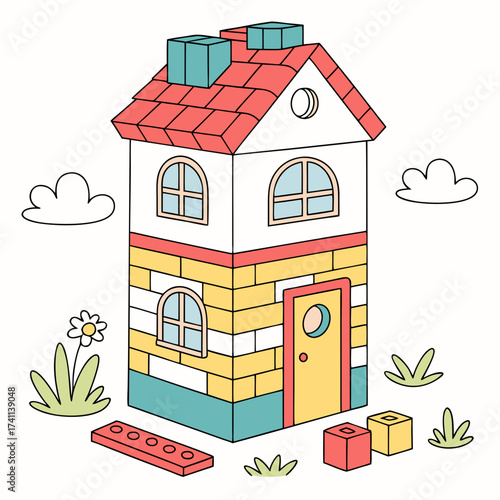 Tall toy block house with red roof, white upper floor and surrounding elements