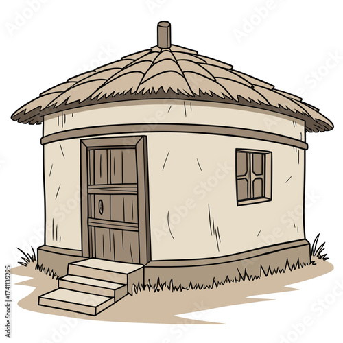 Traditional African Hut with Thatched Roof and Wooden Door