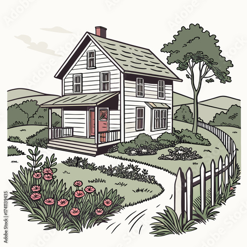 Traditional two-story farmhouse with picket fence and flowers
