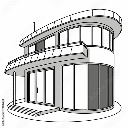 Two Story Art Deco Building With Curved Balcony and Entrance