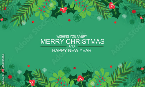 Holiday Christmas Background with Mistletoe Branches, Pinecones, Berries and Holly Leaves