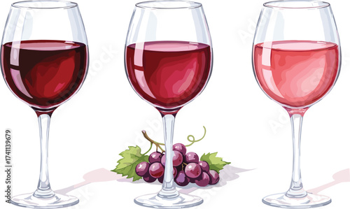 Wine glasses with red and rosé wine, grape bunch accent, elegant drink illustration, vineyard-themed clipart, beverage comparison concept art