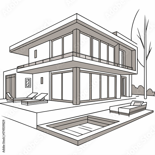 Two- Story Modern House With Pool and Loungers architecture