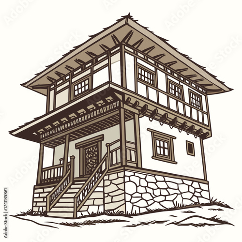 Two Story Traditional House with Porch and Stone Base