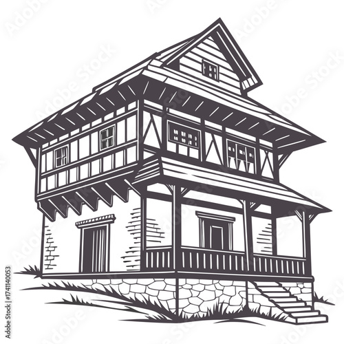 Vintage Timber Frame House Sketch with Stone Foundation