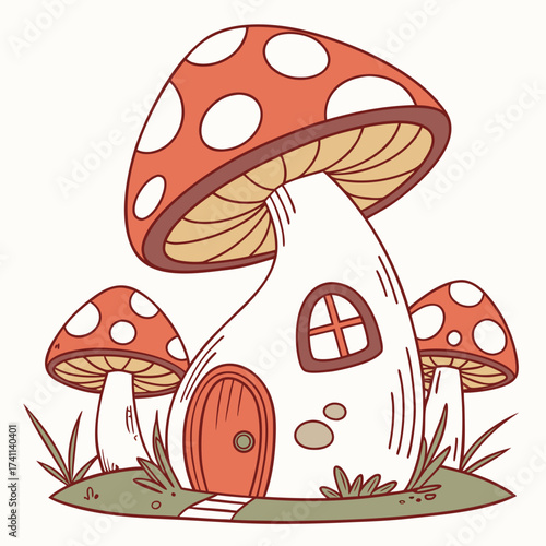 Whimsical mushroom house with small windows and door