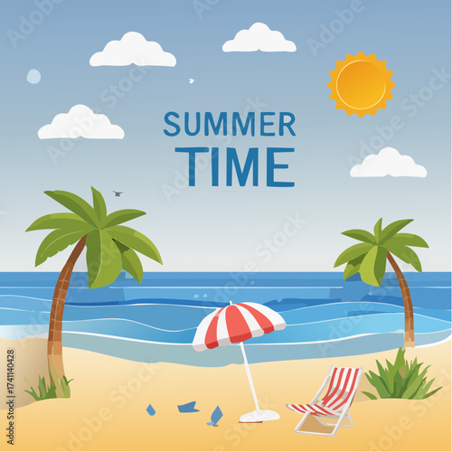 Summer time vector banner design. Paper cut style. vector illustration