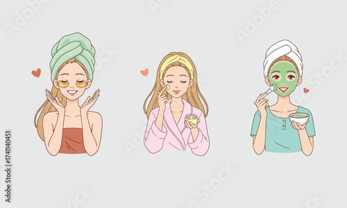 Beautiful woman skincare routine vector illustration applying cream, face mask, and under eye patches cartoon style self care concept