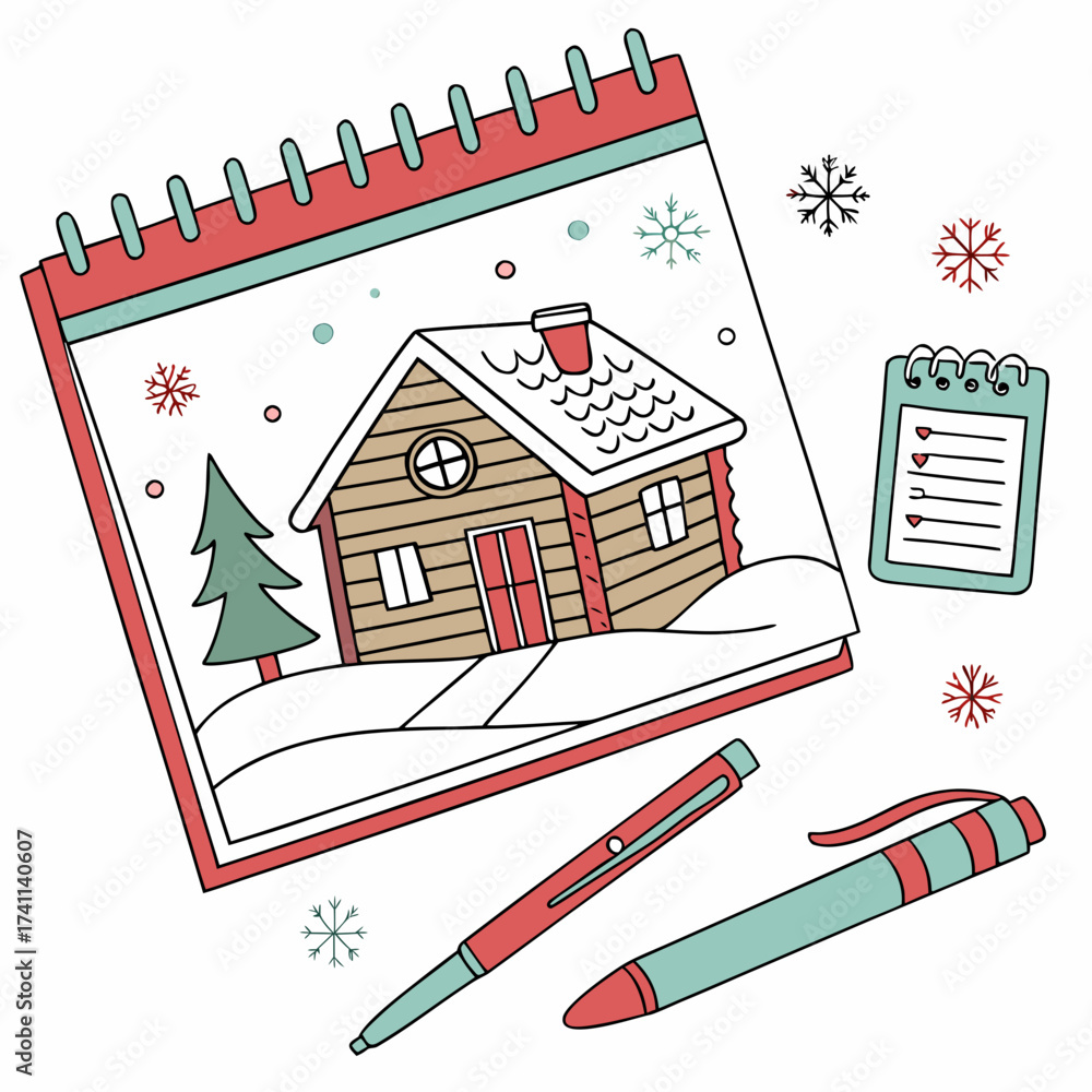 Winter Cabin Drawing With Art Supplies And Snowflakes