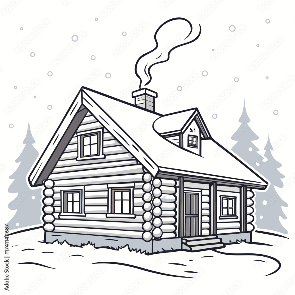 Naklejka premium Winter log cabin with smoke from chimney house snow