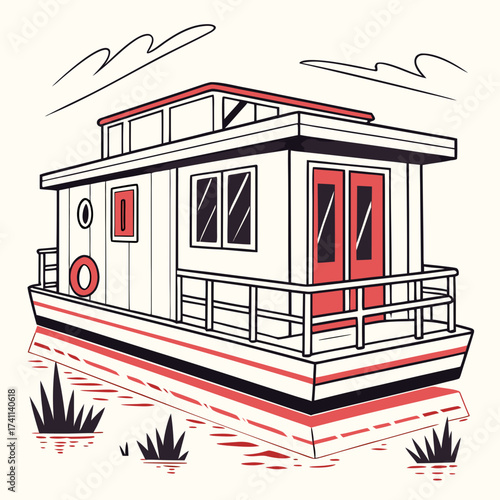 White Houseboat with Red Accents on Water watercraft