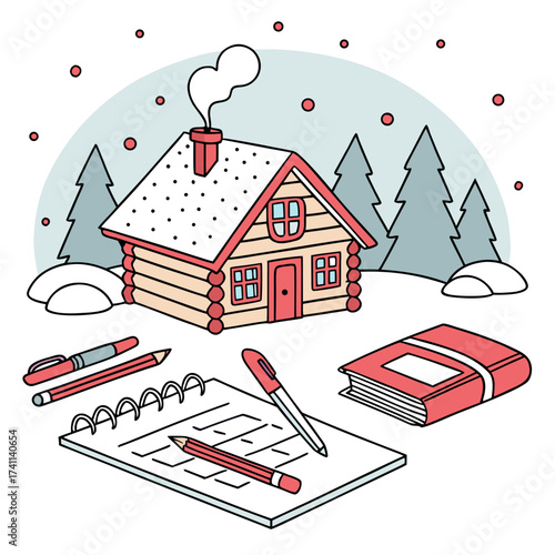 Winter cabin scene with stationery and snow house snowflakes